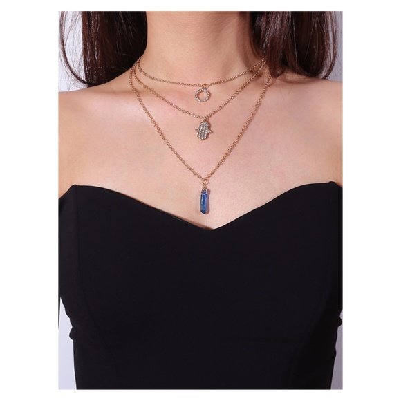 Gold Blue Stone Rhinestones Pendant Necklace - Picture 4 of 4